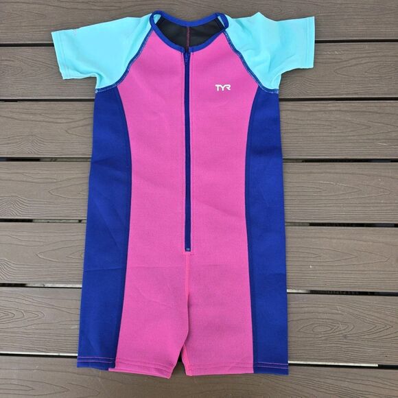 TYR Girls Thermal Swim Suit Zip up Pink/Mint/Royal Size 7/8 New Sample Mark - Picture 1 of 3